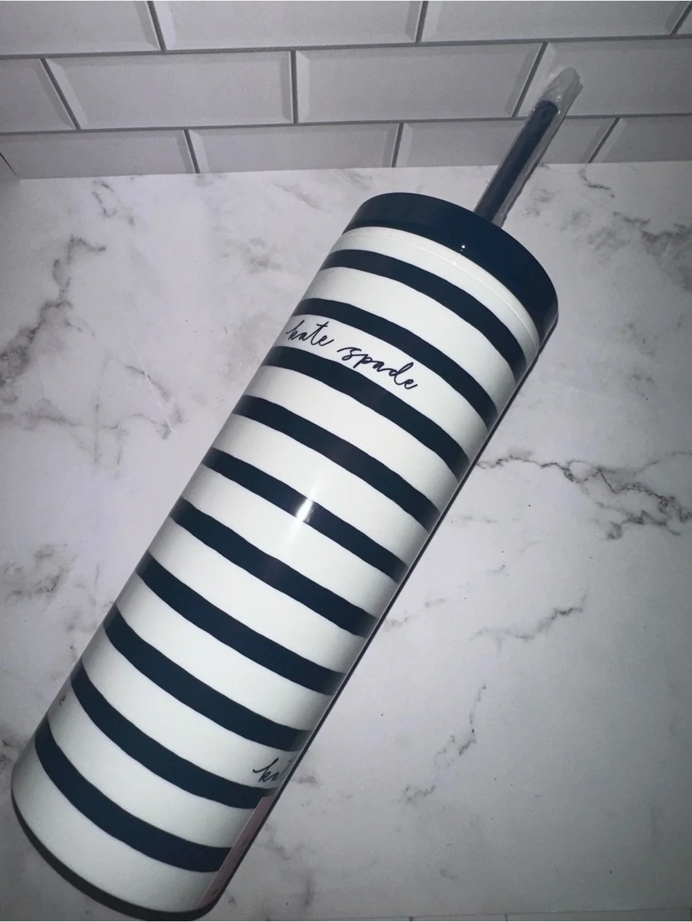 Kate Spade Navy and White Striped Tumbler with Lid